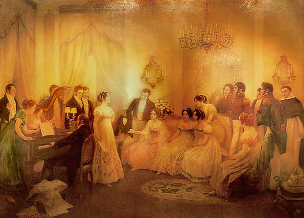 El Himno Nacional en la sala de Mariquita Sánchez de Thompson, donde se cantó por primera vez en 1813, óleo sobre tela de Pedro Subercaseaux (1880-1956). Fuente: Instituto Nacional Sanmartiniano.