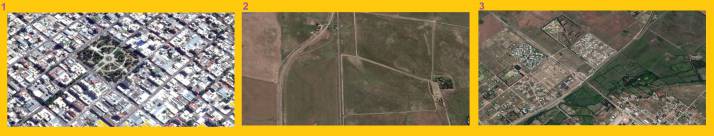 tres imágenes satelitales de Olavarría donde se observa el centro de la ciudad, la zona periurbana y el campo.