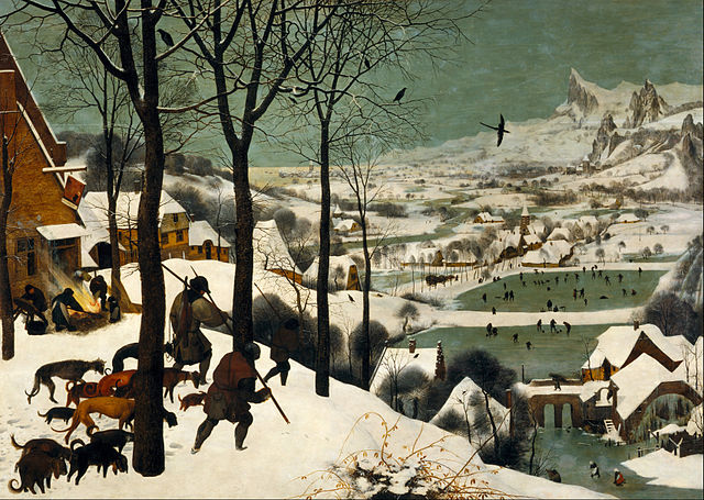 Escena de aldea. En un paisaje nevado, los cazadores vuelven con una presa. Niños que patinan en un lago y otro habitante lleva 