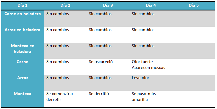 Tabla para completar la evolución de la conservación de algunos alimentos.