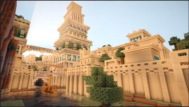 Captura de pantalla del juego Minecrafts, que muestra la Ciudad de Babilonia construida por usuarios del juego.