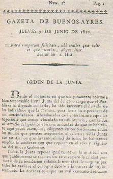 Portada del primer número de la Gazeta de Buenos Aires, del 7 de junio de 1810, fundada por Mariano Moreno por directiva de la P