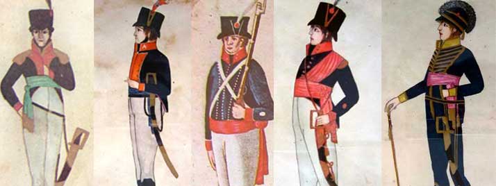 Imágenes de los uniformes de algunos regimientos de la colonia. 