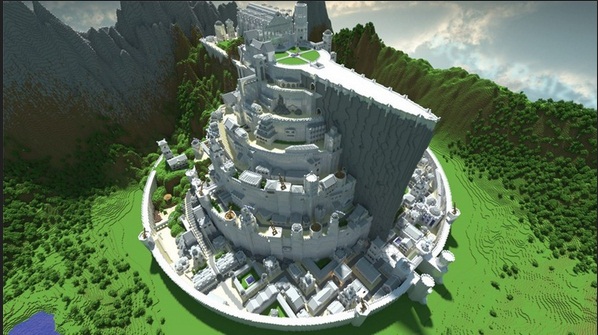 Captura de pantalla del juego Minecrafts, que muestra las Minas de Titith, inspiradas en El señor de los Anillos, construidas por usuarios del juego.