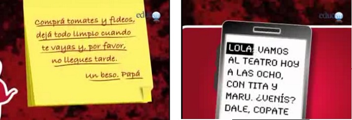 captura de pantalla del video con dos mensajes: Comprá tomates y fideos, dejá todo limpio cuando te vayas y, por favor, no llegues tarde. Un beso, papá. Lola: vamos al teatro hoy a las ocho con Tita y Maru. ¿Venís? Dale, copate.