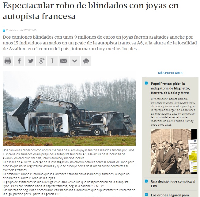 captura de pantalla de la noticia Espectacular robo de blindados con joyas en autopista francesa, publicado en Tiempo Argentino el 12 de marzo de 2015 disponible en http://tiempo.infonews.com/nota/147320/espectacular-robo-de-blindados-con-joyas-en-autopista-francesa