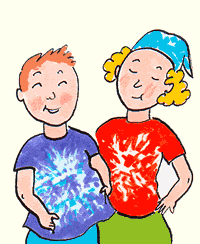 Dibujo de niño y niña mostrando remeras teñidas