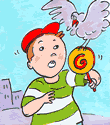 Dibujo de paloma robando el chupetín del niño